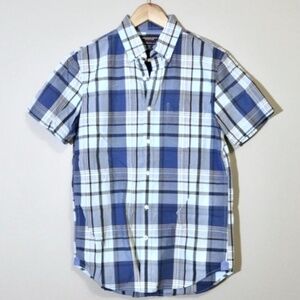 American Eagle Blue Plaid Short Sleeve Button Down